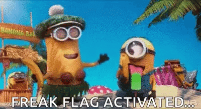 A Couple Of Minions Standing Next To Each Other On A Beach With A Banana Bar In The Background . GIF