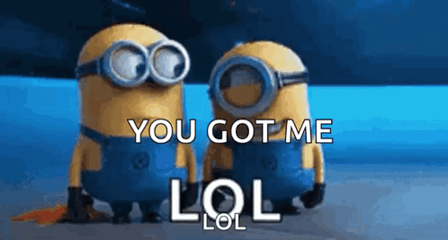 a couple of minions standing next to each other with the words you got me lol on the bottom