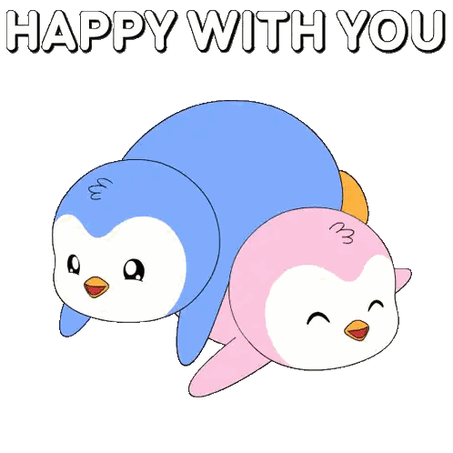 a couple of penguins are laying on top of each other with the words happy with you above them
