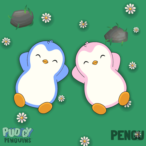 A Couple Of Penguins Are Sitting In A Field With The Words Pudgy Penguins GIF