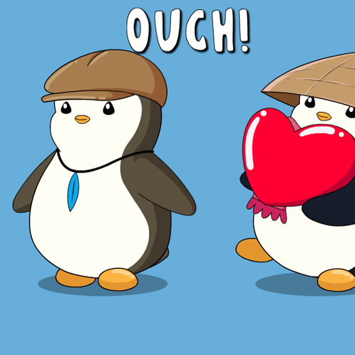 A Couple Of Penguins Are Standing Next To Each Other With The Word Ouch Above Them GIF