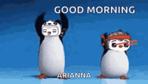 A Couple Of Penguins Are Standing Next To Each Other With Their Arms In The Air . GIF