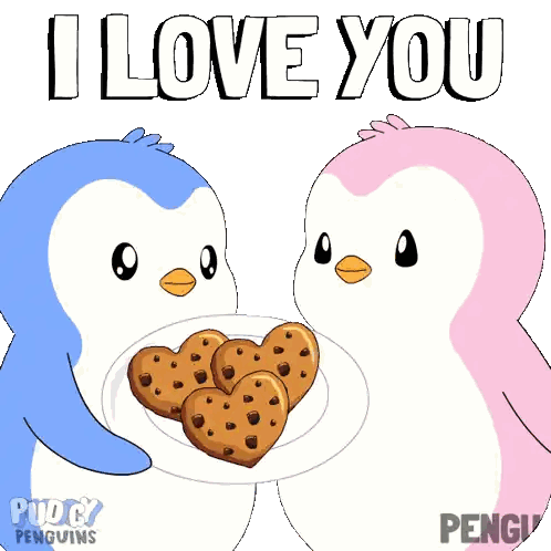 a couple of penguins holding a plate of heart shaped cookies with the words i love you above them
