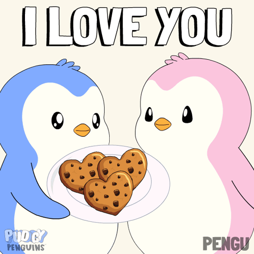 A Couple Of Penguins Holding A Plate Of Heart Shaped Cookies With The Words I Love You Behind Them GIF