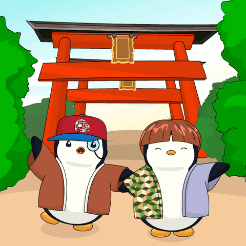 A Couple Of Penguins Holding Hands In Front Of A Torii Gate GIF