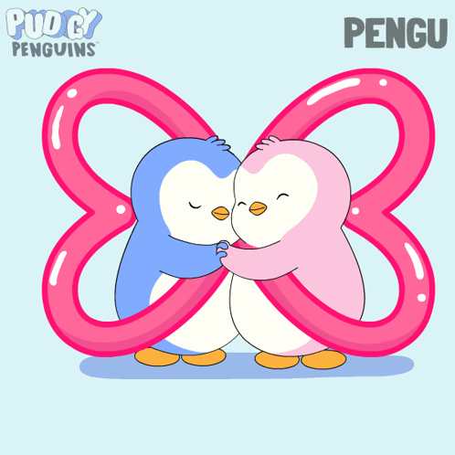 A Couple Of Penguins Hugging Each Other In Front Of A Number 8 GIF