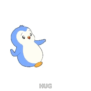 a couple of penguins hugging each other with a red heart in the background .