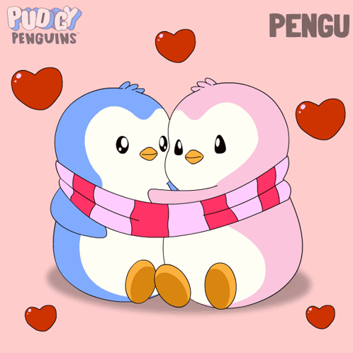 A Couple Of Penguins Hugging Each Other With The Word Pengu On The Bottom Right GIF