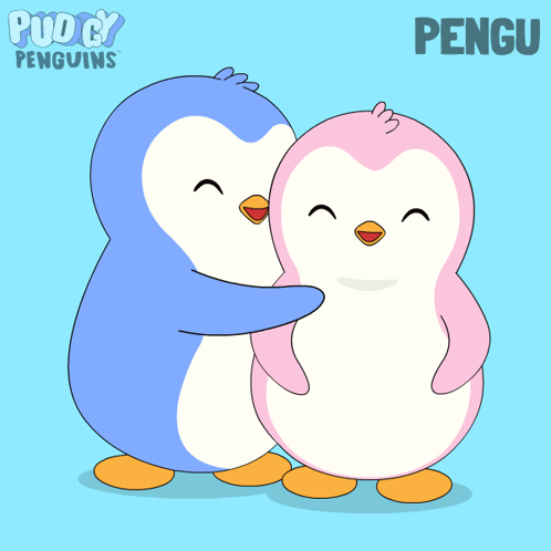 A Couple Of Penguins Hugging Each Other With The Word Penguins Behind Them GIF