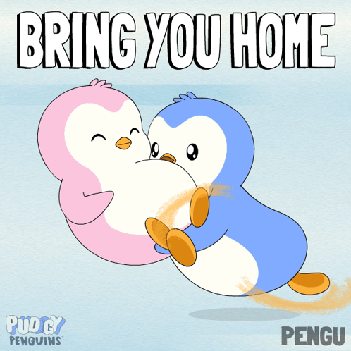 A Couple Of Penguins Hugging Each Other With The Words Bring You Home Behind Them GIF