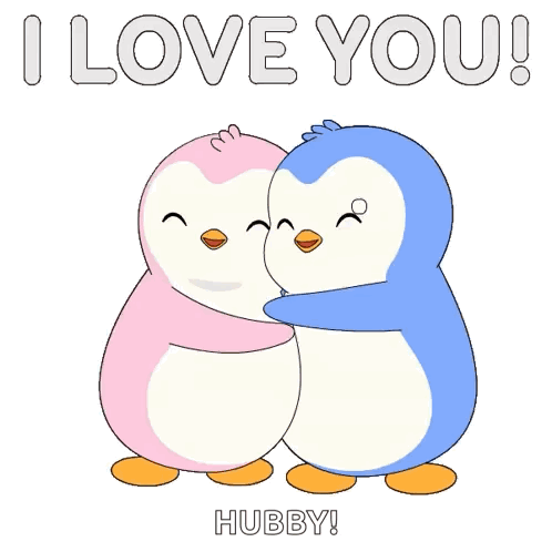 A Couple Of Penguins Hugging Each Other With The Words I Love You Hubby Below Them GIF