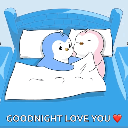 A Couple Of Penguins Laying On A Bed With The Words Goodnight Love You GIF