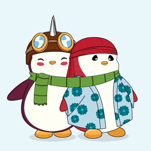 A Couple Of Penguins One Wearing A Hat And Scarf GIF