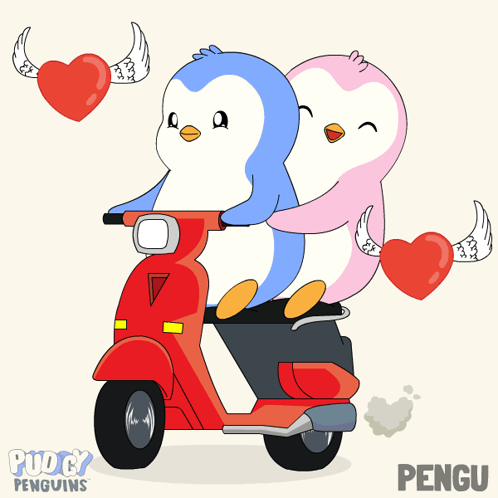 Penguins Riding Scooter With Hearts Behind Them GIF