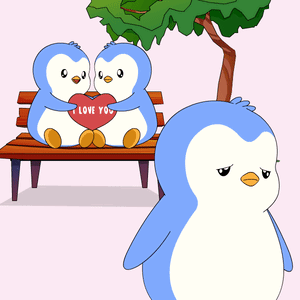 A Couple Of Penguins Sitting On A Bench Holding A Red Heart That Says I Love You GIF