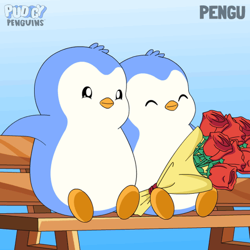 A Couple Of Penguins Sitting On A Bench With The Word Pengu On The Bottom Right GIF