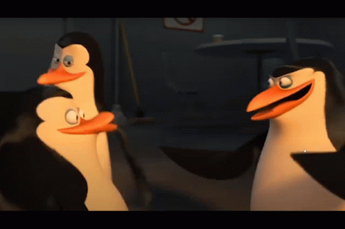 A Couple Of Penguins Standing Next To Each Other In A Dark Room GIF