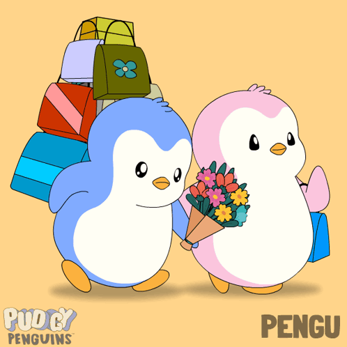 A Couple Of Penguins Standing Next To Each Other With The Name Pengu On The Bottom GIF