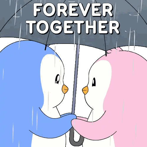 a couple of penguins under an umbrella with the words forever together above them