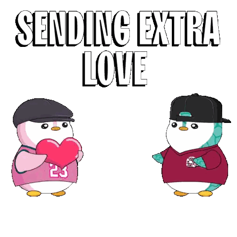 a couple of penguins with the words sending extra love