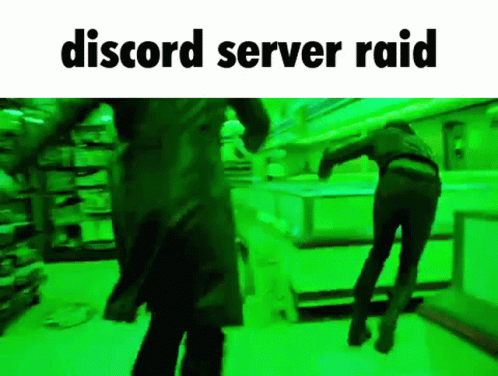A Couple Of People Are Dancing In A Store With The Words `` Discord Server Raid '' Written On The Bottom . GIF