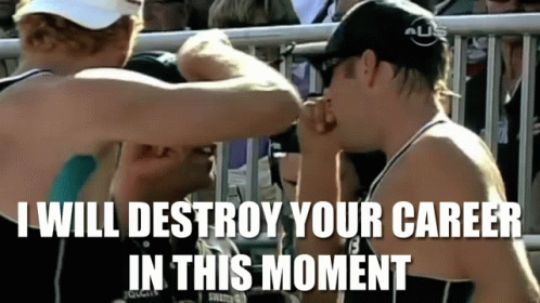 A Couple Of People Standing Next To Each Other With The Words " I Will Destroy Your Career In This Moment " On The Botto GIF
