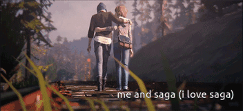 A Couple Of People Standing Next To Each Other With The Words Me And Saga ( I Love Saga ) Below Them GIF