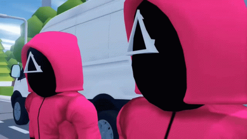 A Couple Of People Wearing Pink Hoodies With A Triangle On Their Faces GIF