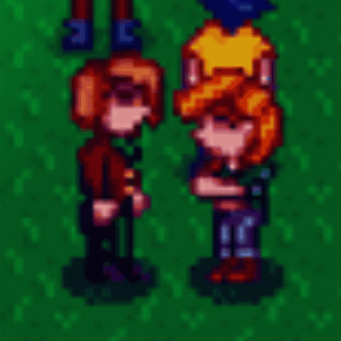 A Couple Of Pixel Art Characters Standing Next To Each Other On A Green Field . GIF