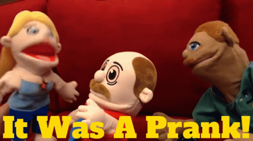 A Couple Of Puppets Sitting On A Red Couch With The Words It Was A Prank GIF