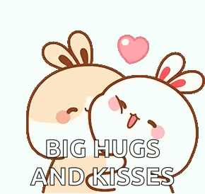 a couple of rabbits hugging each other with a heart in the background and the words `` big hugs and kisses '' .