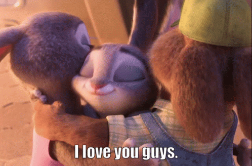 A Couple Of Rabbits Hugging With The Words I Love You Guys GIF