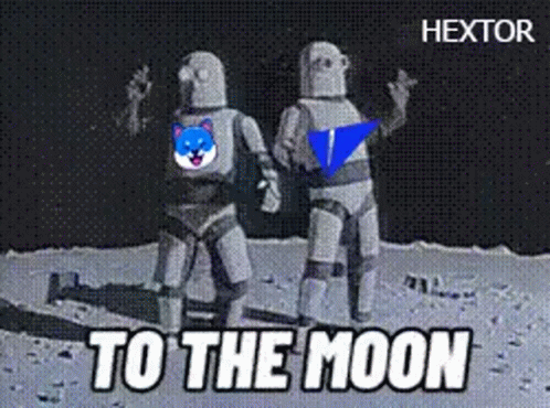 A Couple Of Robots Standing On The Moon With The Words To The Moon GIF