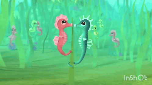 A Couple Of Seahorses Standing Next To Each Other In A Painting GIF