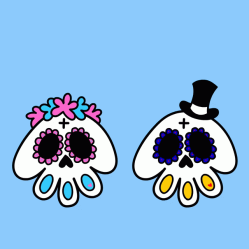 A Couple Of Skulls With Hearts Above Them GIF