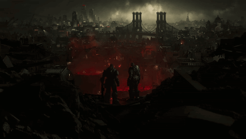 A Couple Of Soldiers Standing In Front Of A City With A Bridge In The Distance GIF