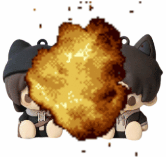 A Couple Of Stuffed Animals Sitting Next To Each Other With A Huge Explosion Behind Them GIF