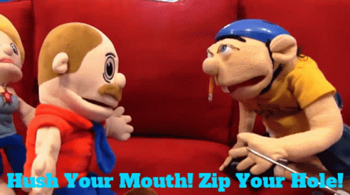 A Couple Of Stuffed Animals Sitting On A Red Couch With The Words Hush Your Mouth Zip Your Hole On The Bottom GIF