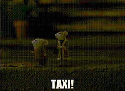 A Couple Of Stuffed Mice Standing Next To Each Other With The Words Taxi In The Corner GIF