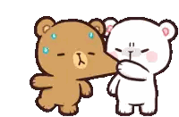 a couple of teddy bears are standing next to each other and one is blowing another bear 's nose .
