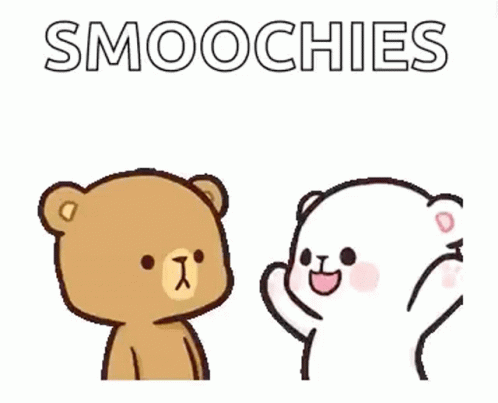 A Couple Of Teddy Bears Are Standing Next To Each Other And Talking . GIF
