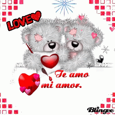 A Couple Of Teddy Bears Holding A Red Heart With The Words Love And Te Amo Mi Amor GIF
