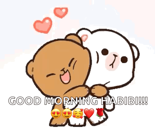 A Couple Of Teddy Bears Hugging Each Other With The Words Good Morning Habibi Written Below Them GIF