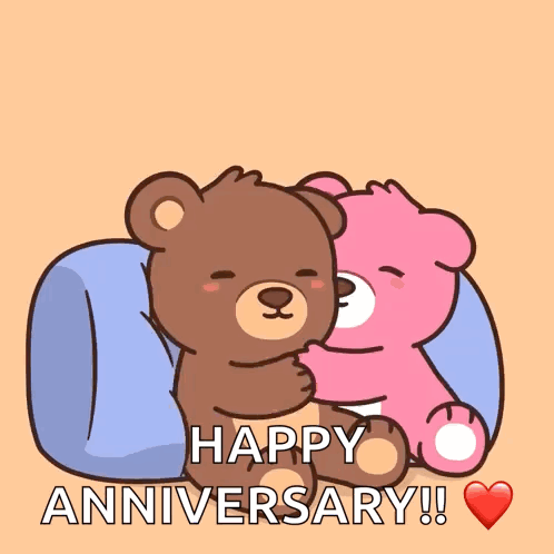 A Couple Of Teddy Bears Hugging Each Other With The Words Happy Anniversary GIF