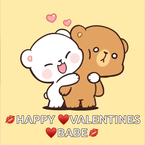 A Couple Of Teddy Bears Hugging Each Other With The Words Happy Valentines Babe GIF