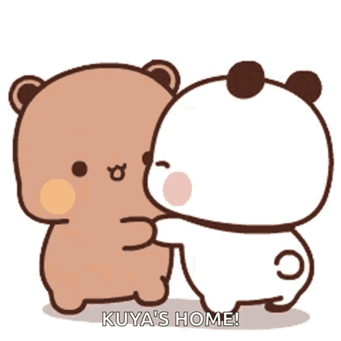 A Couple Of Teddy Bears Hugging Each Other With The Words Kuya 'S Home . GIF