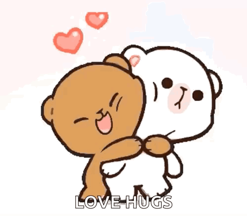 A Couple Of Teddy Bears Hugging Each Other With The Words Love Hugs Above Them GIF