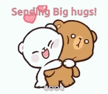 A Couple Of Teddy Bears Hugging Each Other With The Words `` Sending Big Hugs '' . GIF