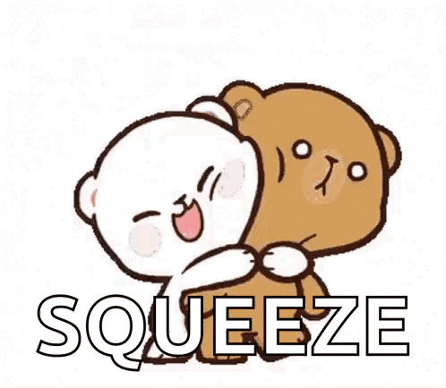 A Couple Of Teddy Bears Hugging Each Other With The Words `` Squeeze '' Written Next To Them . GIF