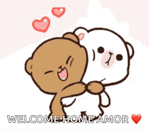 A Couple Of Teddy Bears Hugging Each Other With The Words Welcome Home Amor In The Corner GIF